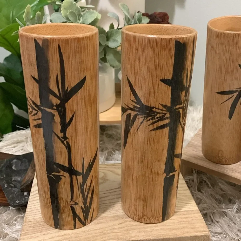 Angel Bamboo Cup Set Of 4 Tall 2‎ Short Handpainted Bamboo Drinking Cups Vintage
